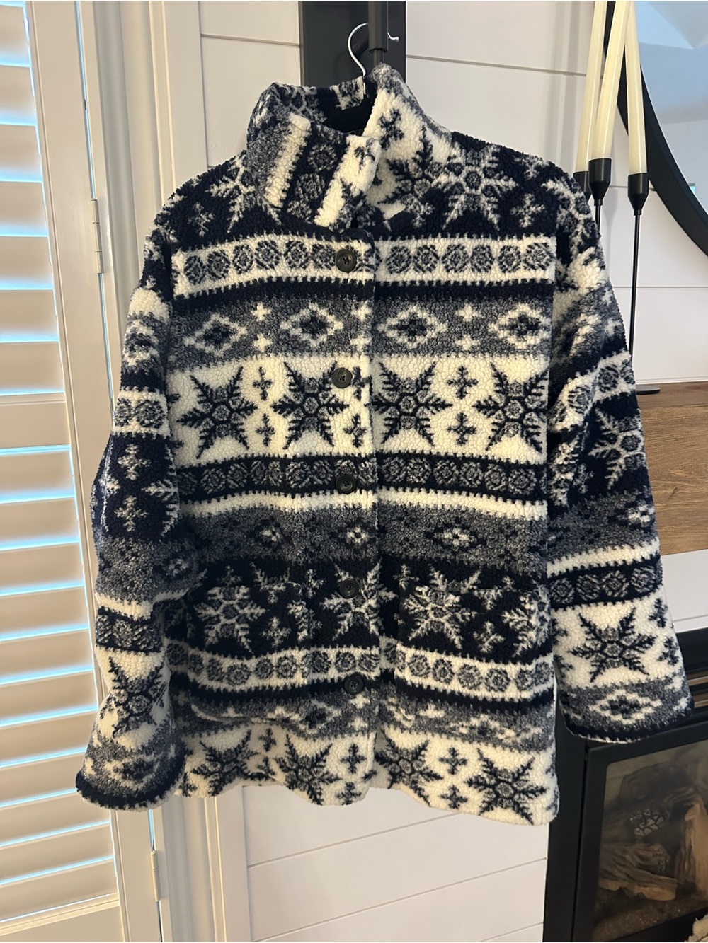Women's Navy & White Oversized Nordic Winter Pattern Teddy Jacket